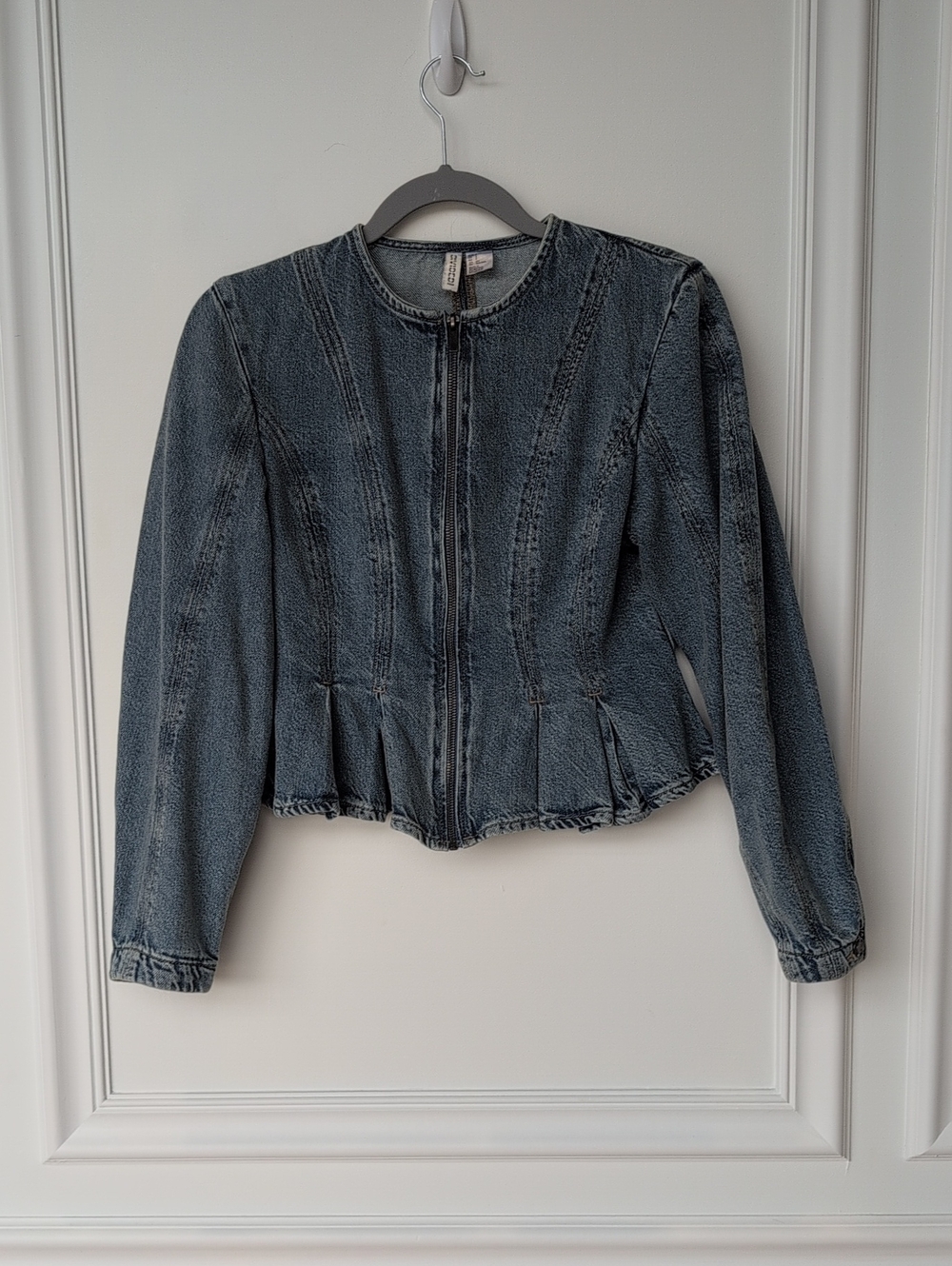 H&M Faded Blue Denim Peplum Zip Jacket